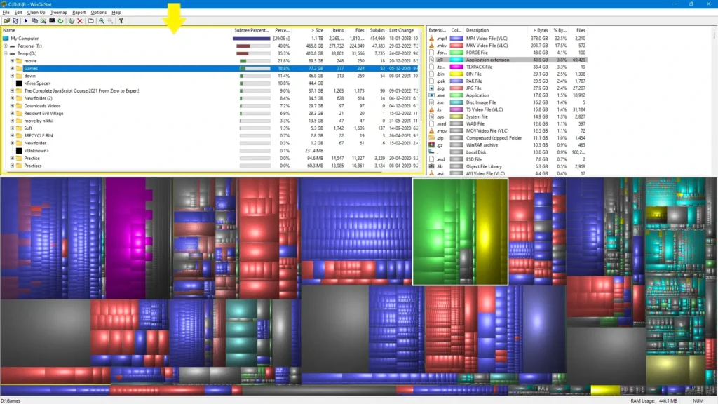 左侧树：按磁盘用量排序的文件夹与文件